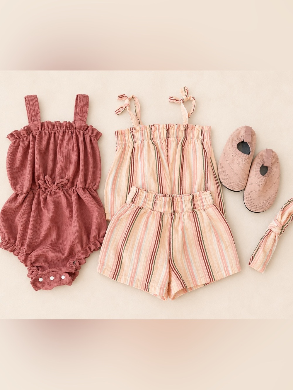 Girls 2-3T Summer Lot - Striped Pink Peach Set, Dusty Rose Romper, Shoes